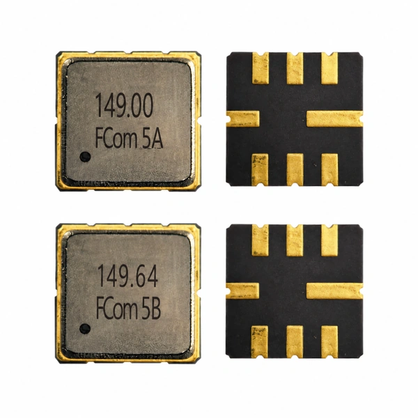 FCom FSF-5050-149M 149.00 MHz SAW filter in the upper row and FSF-5050-149M64 149.64 MHz SAW filter in the lower row, top and bottom views