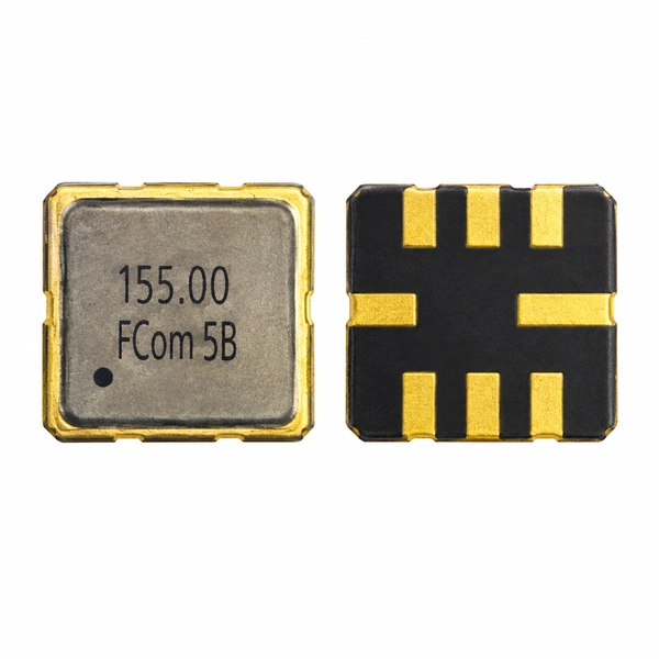 FCom FSF-5050-155M 155 MHz SAW filter, top view marked 155.00 FCom 5B and bottom view showing eight pads