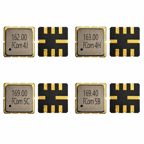 FCom FSF-5050 162, 163, 169 and 169.4 MHz SAW filters with metal lids and eight-pad undersides