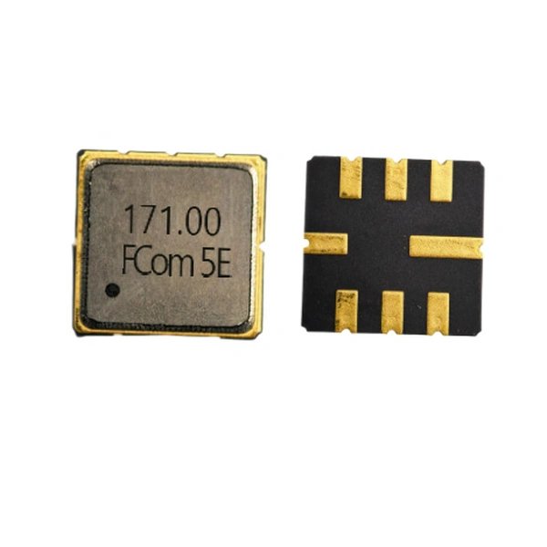 FCom FSF-5050-171M 171 MHz SAW bandpass filter, top and underside views of the 8-pad SMD package