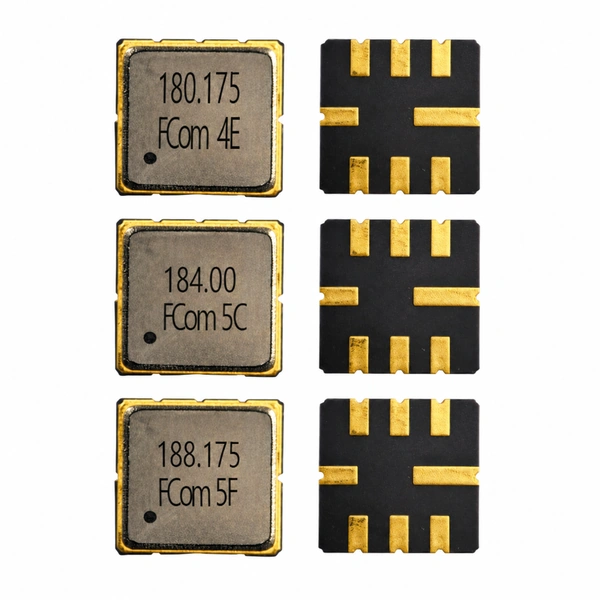 FCom FSF-5050 SAW filters in three rows: 180.175 MHz at top, 184 MHz in the middle and 188.175 MHz at bottom; each row shows the metal lid on the left and 8-pad underside on the right