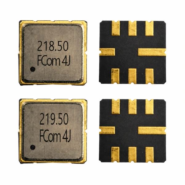 FCom FSF-5050-218M5 218.5 MHz and FSF-5050-219M5 219.5 MHz SAW filters, showing top faces and eight-pad undersides
