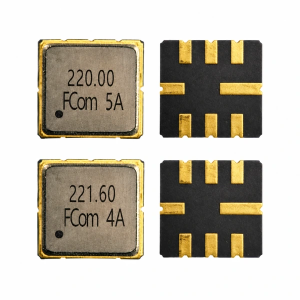 FCom FSF-5050-220M 220 MHz SAW filter in the top row and FSF-5050-221M6 221.6 MHz filter below, each with the metal-lid front on the left and eight-pad underside on the right
