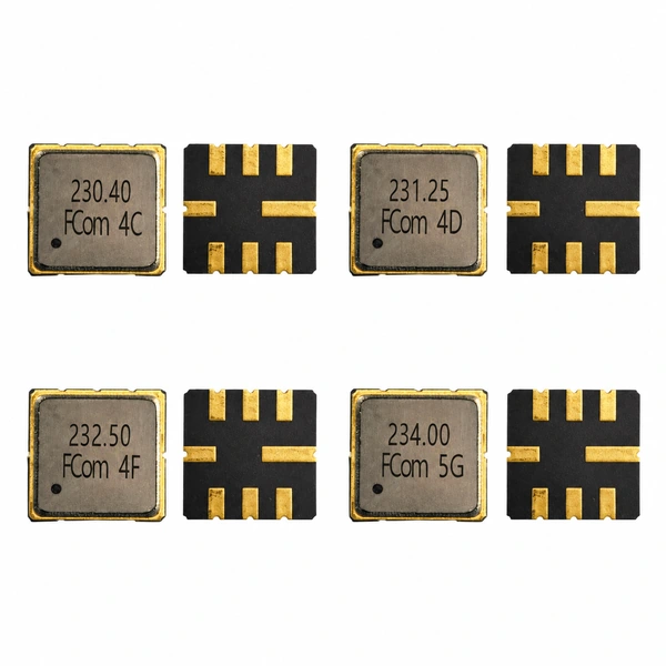 FCom FSF-5050 SAW filters at 230.4, 231.25, 232.5 and 234 MHz, showing top markings and eight-pad undersides