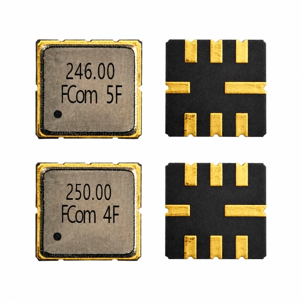 FCom FSF-5050-246M and FSF-5050-250M SAW filters, with 246 MHz above 250 MHz and top and eight-pad underside views