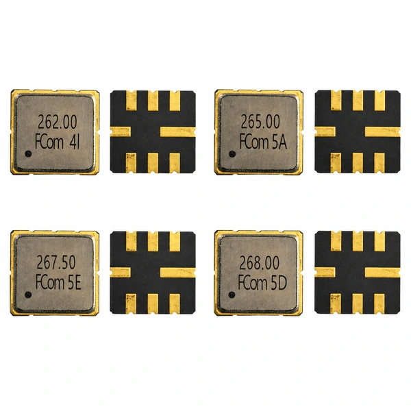 FCom FSF-5050 SAW filters at 262, 265, 267.5 and 268 MHz, showing top markings and eight-pad underside views