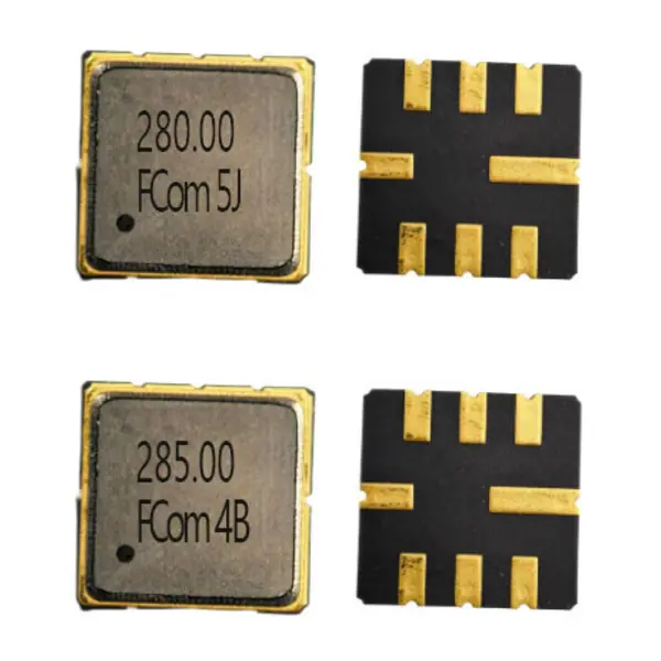 FCom FSF-5050-280M and FSF-5050-285M SAW filters: top row 280 MHz, bottom row 285 MHz; top faces at left and eight-pad undersides at right