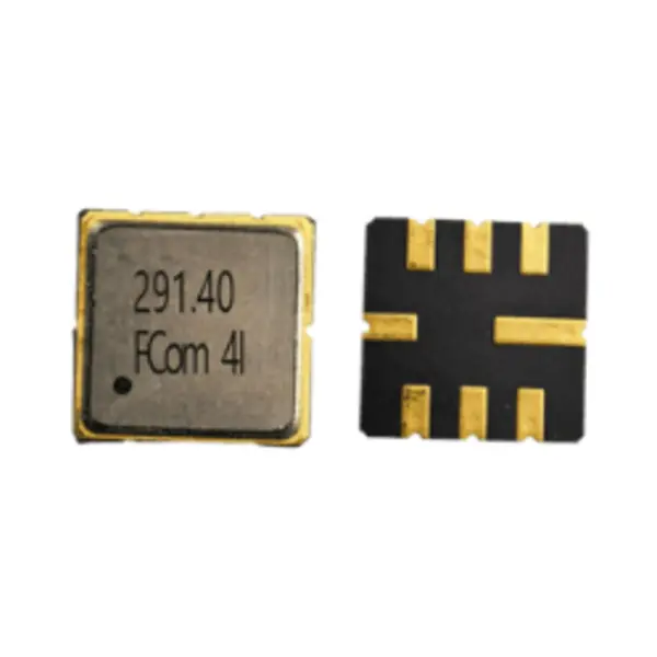 FCom FSF-5050-291M4 291.4 MHz SAW bandpass filter, showing the marked top face at left and eight-pad underside at right.
