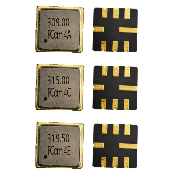 FCom FSF-5050 SAW filters: 309 MHz at top, 315 MHz in middle and 319.5 MHz at bottom; marked lids on left and eight-pad undersides on right.