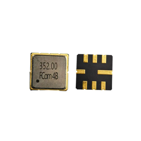 FCom FSF-5050-352M 352 MHz SAW filter, with the 352.00 marking on the top view at left and eight-pad bottom view at right