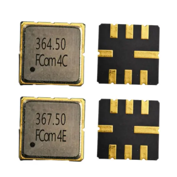 FCom FSF-5050 SAW filters: 364M5 marked 364.50 in the upper row and 367M5 marked 367.50 in the lower row, with top views left and bottom views right