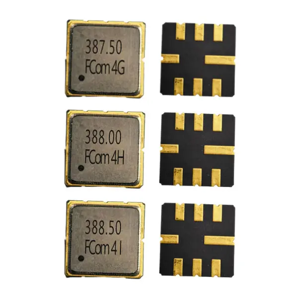 FCom FSF-5050 SAW filters, top and underside views: 387.5 MHz upper row, 388 MHz middle row and 388.5 MHz lower row.
