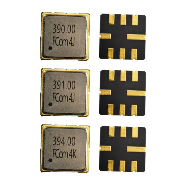 FCom FSF-5050 SAW filters: 390 MHz at top, 391 MHz in the middle and 394 MHz at bottom; marked covers on the left and pads on the right.