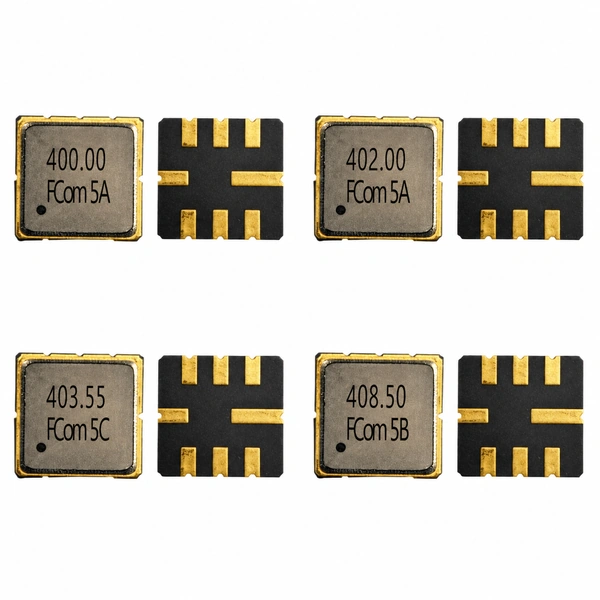 FCom FSF-5050 SAW filters: 400 MHz upper left, 402 MHz upper right, 403.55 MHz lower left and 408.5 MHz lower right; each pair shows the marked cover and pad side.