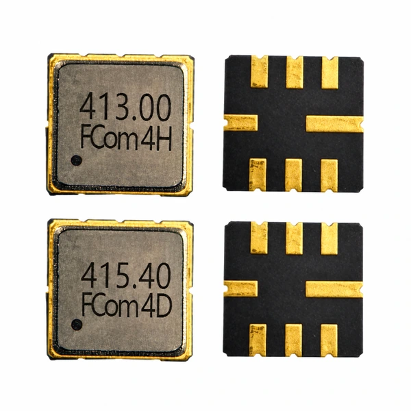 FCom FSF-5050 SAW filters: 413 MHz in the top row and 415.4 MHz in the bottom row; marked covers on the left and pad sides on the right.