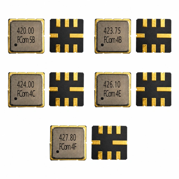 FCom FSF-5050 SAW filters: 420 MHz upper left, 423.75 MHz upper right, 424 MHz middle left, 426.1 MHz middle right and 427.8 MHz bottom center; marked covers and pad sides shown in pairs.