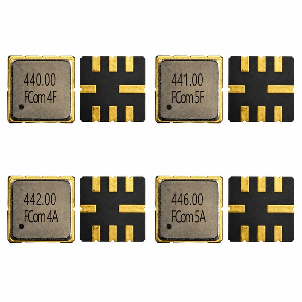 FCom FSF-5050 SAW filters: 440 MHz upper left, 441 MHz upper right, 442 MHz lower left and 446 MHz lower right; each model shown with its marked cover and pad side.
