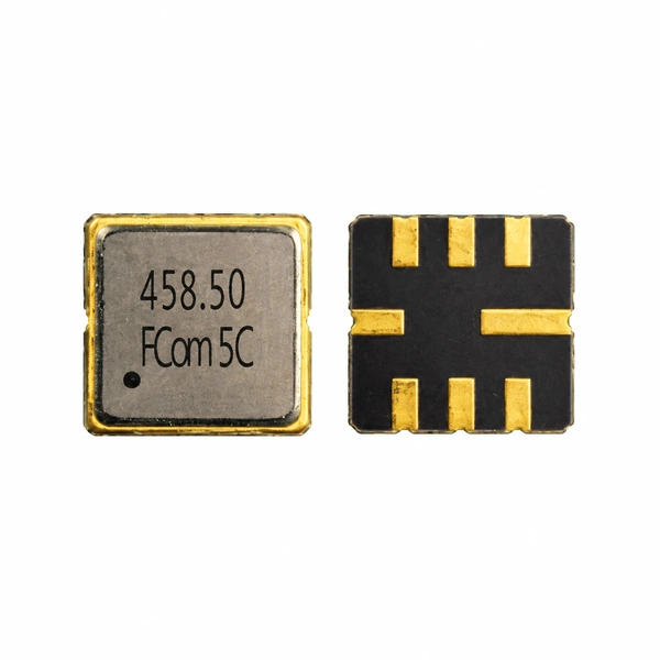 FCom FSF-5050-458M5 458.5 MHz SAW bandpass filter, with the marked metal cover on the left and eight-pad underside on the right.