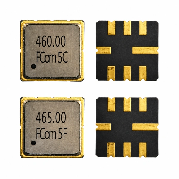 FCom FSF-5050 SAW bandpass filters: 460 MHz on the top row and 465 MHz on the bottom row; marked covers on the left and eight-pad undersides on the right.