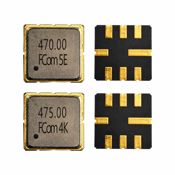 FCom FSF-5050-470M and FSF-5050-475M SAW filters; 470 MHz in the upper row and 475 MHz in the lower row, with marked top surfaces at left and pad sides at right