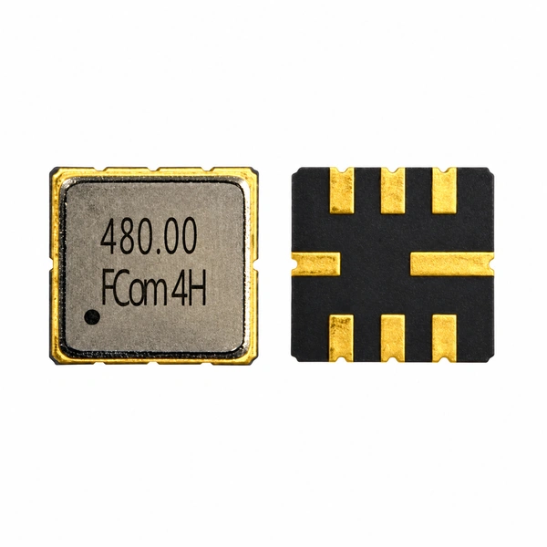 FCom FSF-5050-480M 480 MHz SAW bandpass filter, with the marked top surface at left and the eight-pad underside at right