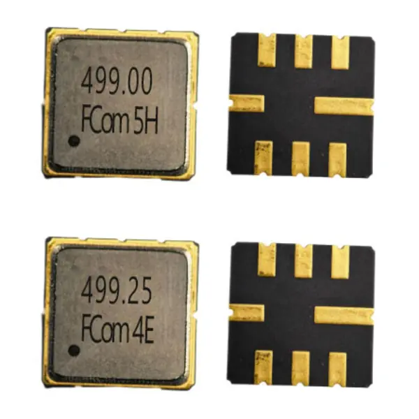 FCom FSF-5050-499M and FSF-5050-499M25 SAW filters; 499 MHz in the upper row and 499.25 MHz in the lower row, with marked top surfaces at left and pad sides at right