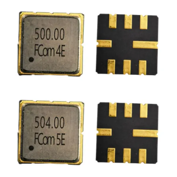 FCom FSF-5050-500M and FSF-5050-504M SAW filters; 500 MHz in the upper row and 504 MHz in the lower row, with marked top surfaces at left and pad sides at right