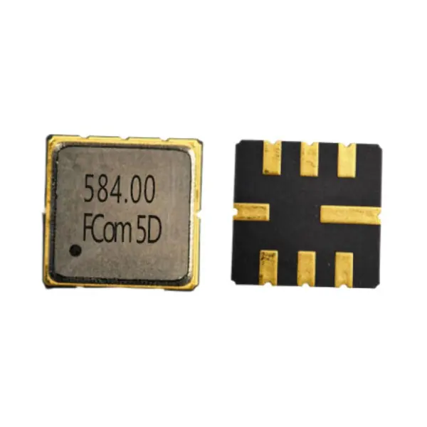 FCom FSF-5050-584M 584 MHz SAW filter, marked lid on the left and eight-pad underside on the right