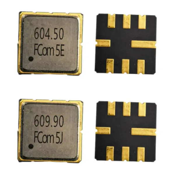 FCom FSF-5050 SAW filters: 604.5 MHz on the top row and 609.9 MHz on the bottom row, marked lids on the left and eight-pad undersides on the right
