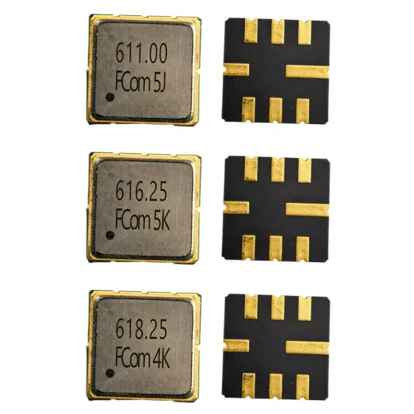 FCom FSF-5050 SAW filters: 611 MHz top, 616.25 MHz middle and 618.25 MHz bottom; marked lids on the left and eight-pad undersides on the right