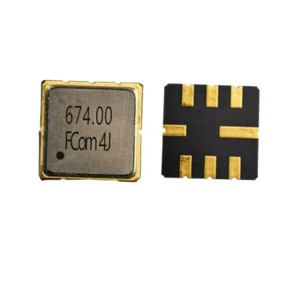 FCom FSF-5050-674M 674 MHz SAW filter, marked metal lid on the left and eight-terminal underside on the right
