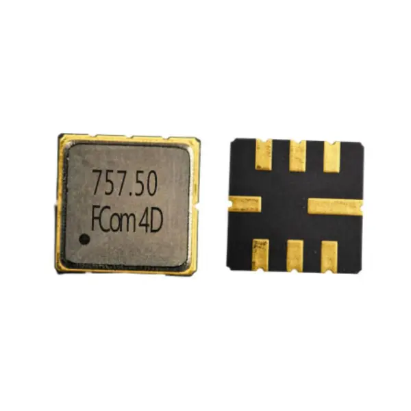 FCom FSF-5050-757M5 757.5 MHz SAW filter, top marking on the left and eight-terminal underside on the right
