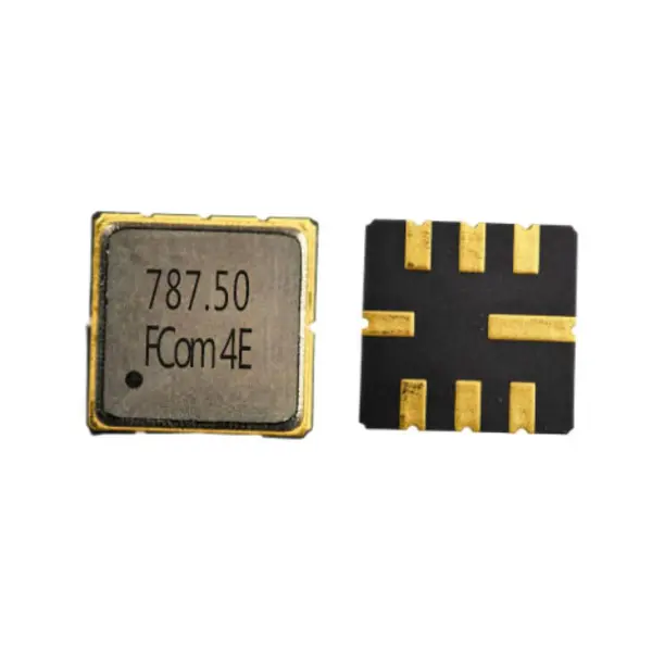 FCom FSF-5050-787M5 787.5 MHz SAW filter, top marking on the left and eight-terminal underside on the right
