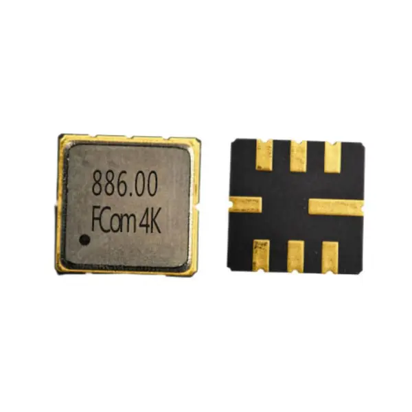 FCom FSF-5050-886M 886 MHz SAW filter, top marking on the left and eight-terminal underside on the right