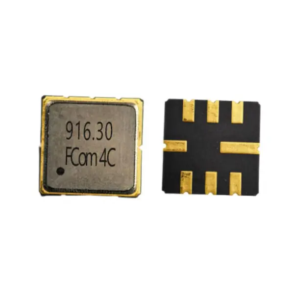 FCom FSF-5050-916M3 916.3 MHz SAW filter, with the marked top face on the left and bottom solder pads on the right