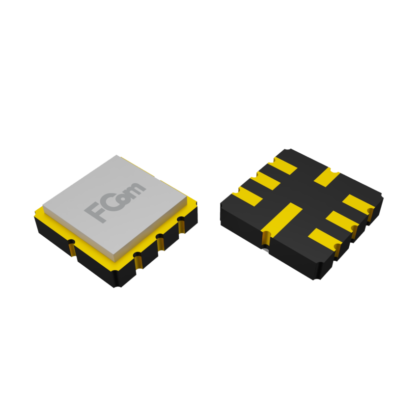 FCom FSF-5050 SAW filter package, top view and underside solder pads