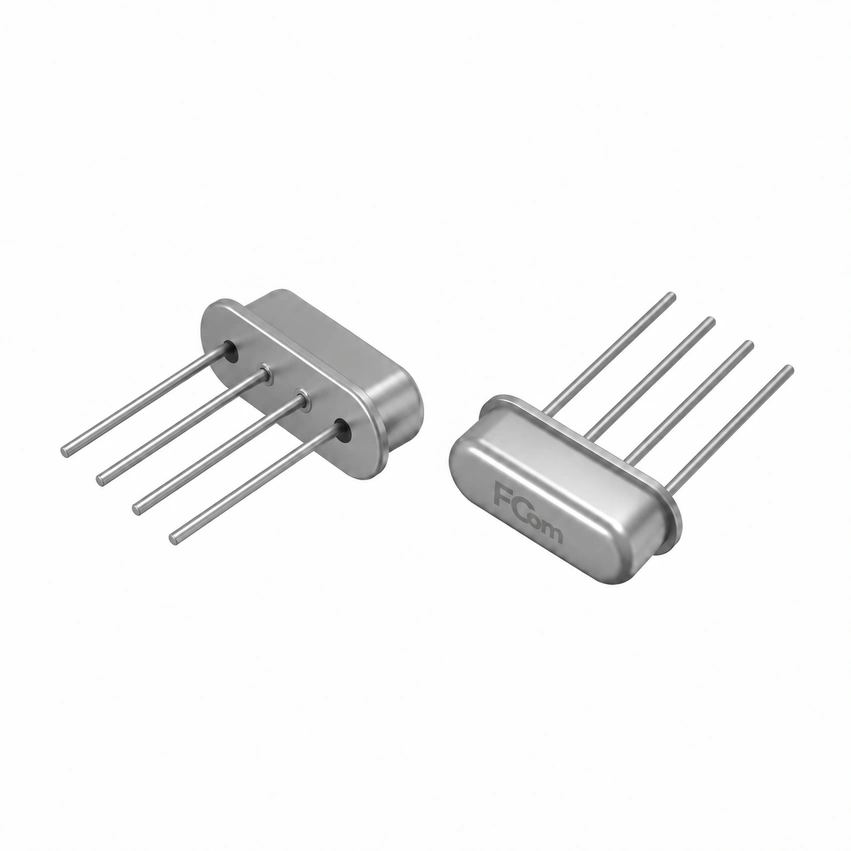 Lead-side and cover views of an FCom metal-can through-hole SAW filter