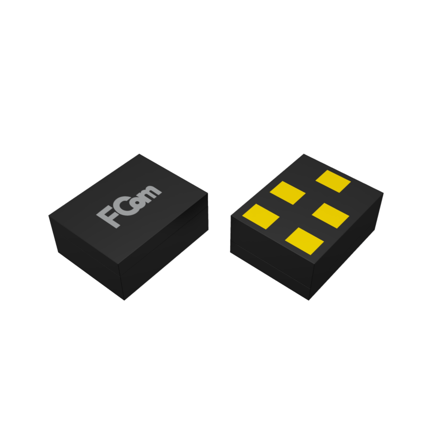 Top and bottom views of the FCom FSF-1109/1411 CSP SAW filter package