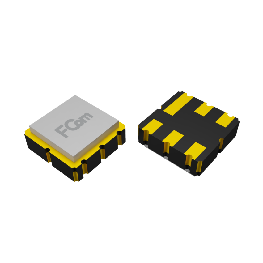 FCom FSF-3838 SAW filter with top and underside views