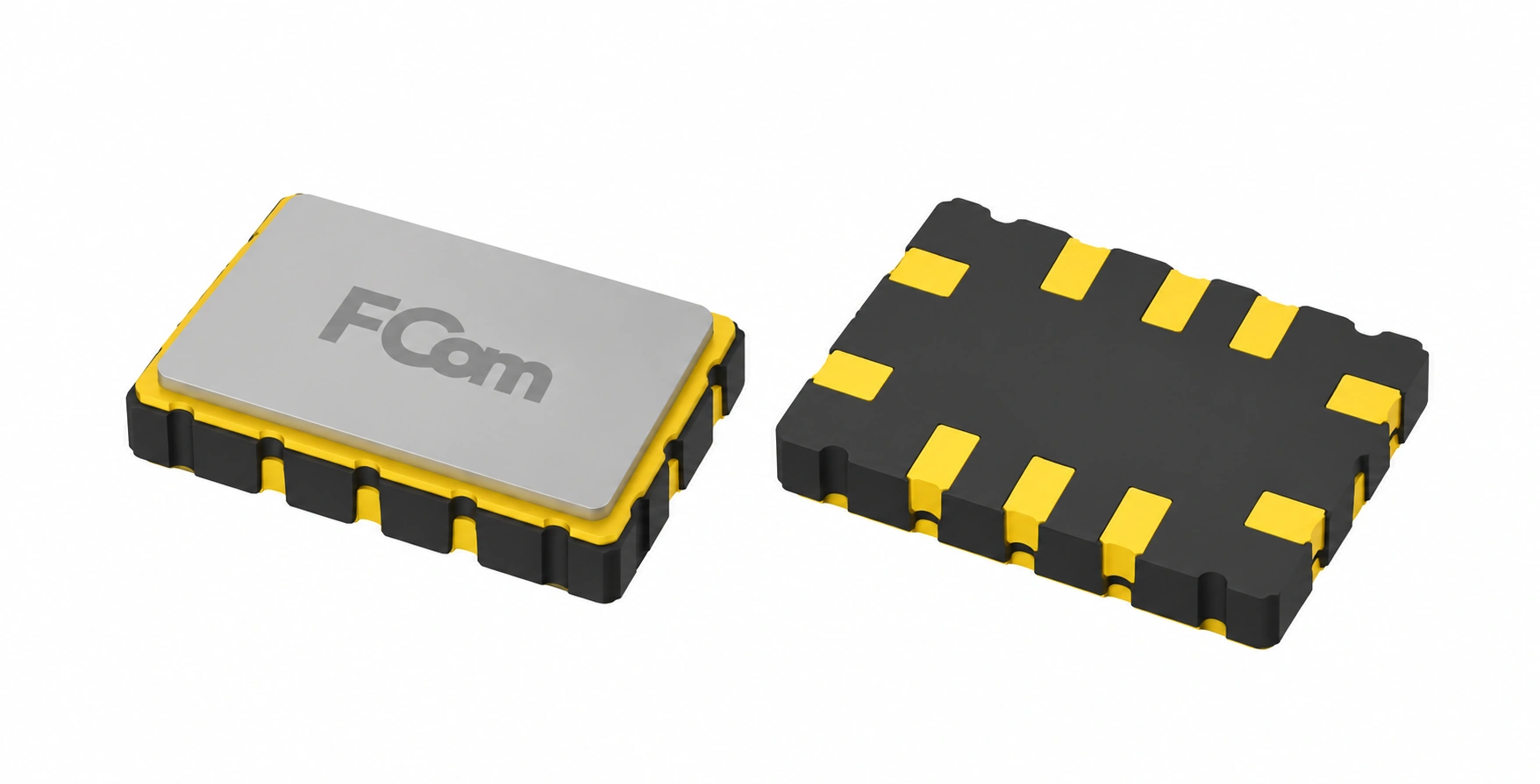 FCom FSF-7050 7.0 × 5.0 mm SMD SAW filter package, with top-side view on the left and underside solder pads on the right